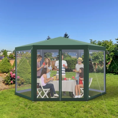 Outsunny 3.94 x 3.94m Outdoor Party Tent Hexagon Sun Shelter Canopy with Protective Mesh Screen Walls & Proper Sun Protection, Green