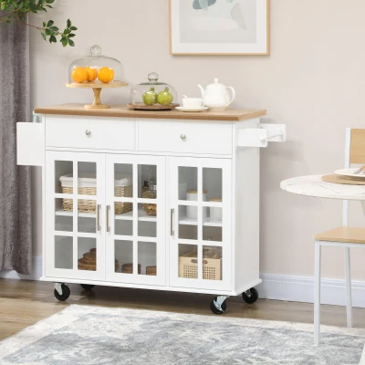 HOMCOM Carrinho de Cozinha com Rodas 2 Gavetas 3 Portas de Vidro Suporte para Panos e Temperos 124,5x39,5x90 cm Branco e Madeira