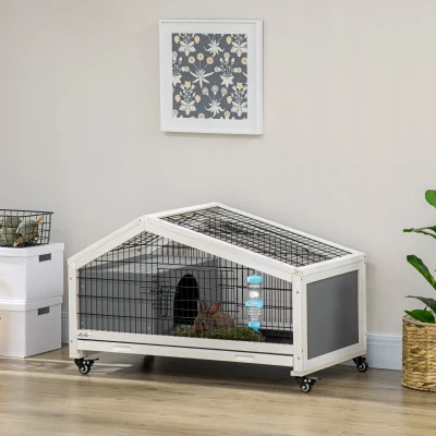 PawHut Coelheira de Madeira com Rodas Gaiola para Coelhos com Bandeja Amovível e Bebedouro 90x53x55 cm Cinza Escuro