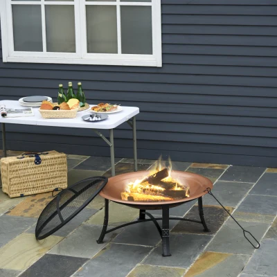Outsunny Outdoor Steel Round Fire Pit with Poker, Wood Log Grate, Φ76cm, Mesh Cover with Handle, for Patio, Camping Black/Bronze