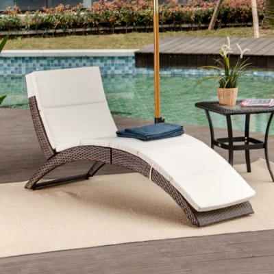 Outsunny Outdoor Foldable PE Rattan Sun Lounger with Soft Padded Cushion, Ergonomic Curved Design Sun Bed for Balcony, Garden, Brown