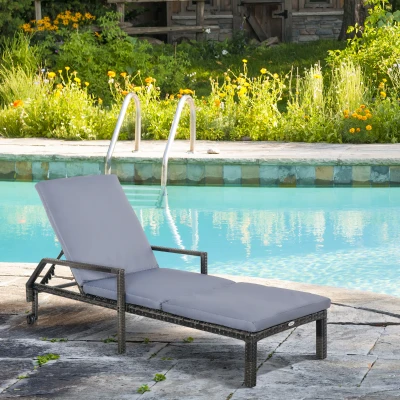 Outsunny Rattan Sun Lounger Outdoor Garden Furniture with 5-Level Adjustable Backrest 2 Wheels Mixed Brown/Grey