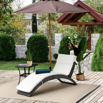 Outsunny Outdoor Foldable PE Rattan Sun Lounger with Soft Padded Cushion, Ergonomic Curved Design Sun Bed for Balcony, Garden, Black