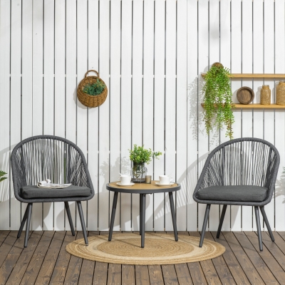 Outsunny 3-częściowy bistro z rattanu PE, odporny na warunki atmosferyczne, 1 stół, 2 krzesła, 63 cm x 62 cm x 82 cm, ciemnoszary