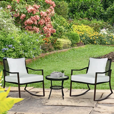Outsunny 3 Pieces Outdoor PE Rattan Garden Rocking Chair Set w/ Soft Cushion, Rocking Bistro Set with Glass Top Round Coffee Table, Pillow, Brown