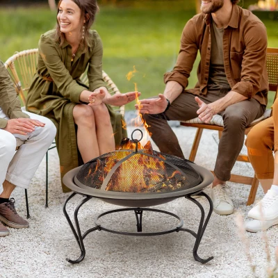 Outsunny Outdoor Metal Round Fire Pit with Poker Handle Φ56cm Wood Burning Heater with Mesh Cover for Camping Black