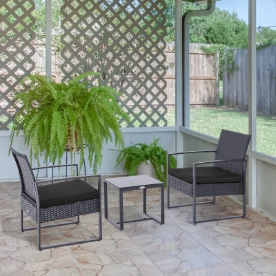 Outsunny 3pcs Rattan Garden Furniture Bistro Set with Glass Top Coffee Table Thick Cushion for Patio Yard Grey