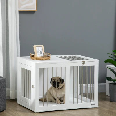 PawHut hondenkooi, huisdierenkooi, hondenhok, hondenbench met tafelblad, wit