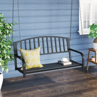 Outsunny Porch Swing Chair, Metal Garden 2 Seater Swing Bench, Porch Balcony Hanging Loveseat, Black