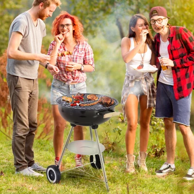 Outsunny Outdoor Portable Round Charcoal BBQ Grill with Wooden Handle, Bottom Shelves, Easy Cleaning for Party Patio