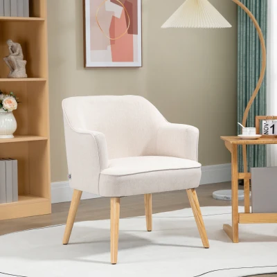 HOMCOM Poltrona Estilo Nórdico Estofada em Linho com Pés de Madeira para Dormitório Escritório Estúdio 64,5x65x79,5 cm Creme
