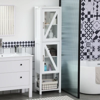 kleankin Coluna Casa de Banho com 2 Portas de Vidro Prateleiras Ajustáveis e Prateleira de Armazenamento 45x30x170 cm Branco