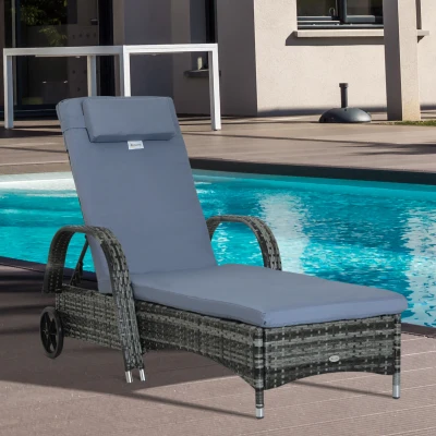 Outsunny Rattan Sun Lounger Recliner Adjustable Grey