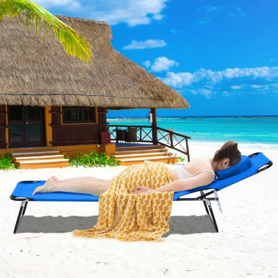 Outsunny Sun Lounger Foldable Reclining Chair with Pillow and Reading Hole Garden Beach Outdoor Recliner Adjustable Blue