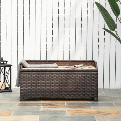 Outsunny PE Rattan Storage Bench Seat Furniture w/ Cushion Handle Armrests and Backrest 120Lx51Wx52H Mixed Brown