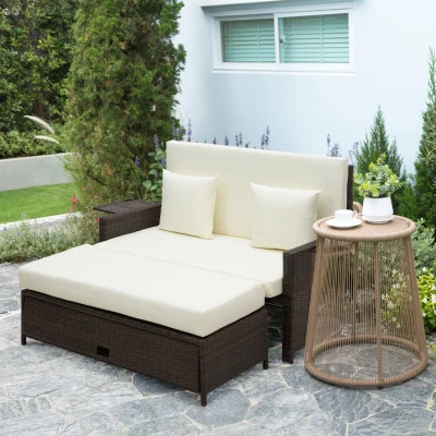 Outsunny 2-Seater Day Bed 8mm Rattan Cube Garden Furniture with Drink Trays 8cm thick Seat for Patio Conservatory Brown