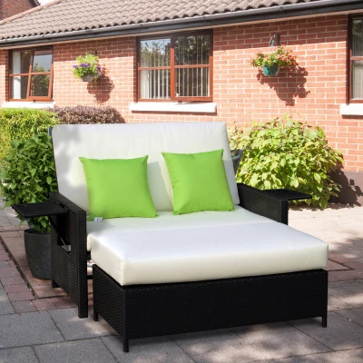 Outsunny Rattan 2-Seater Sofa Sun Lounger Bed-Black