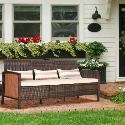 Outsunny Rattanowa sofa ogrodowa 3-osobowa do ogrodu z poduszkami stal kolor brązowy