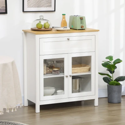 HOMCOM Aparador de Cozinha Moderno Móvel Buffet Auxiliar com Gaveta Prateleira Ajustável e 2 Portas de Vidro 80x40x90 cm Branco e Madeira