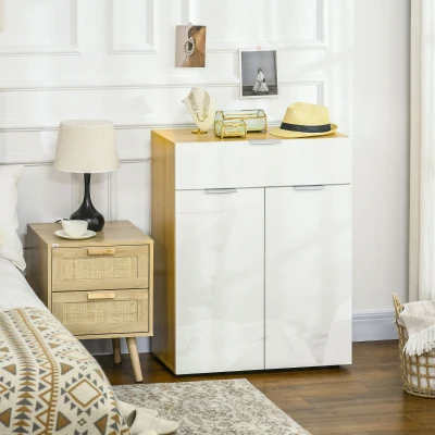 HOMCOM Aparador de Sala de Estar de Alto Brilho com Gaveta 2 Portas e Prateleira Ajustável 70x35x92 cm Branco e Madeira