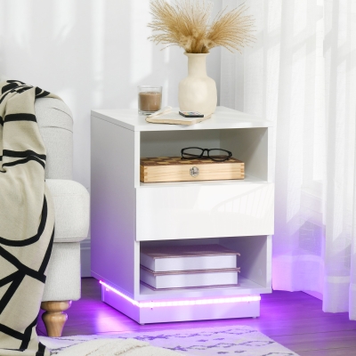 HOMCOM Mesa de Cabeceira Moderna com Luz LED Controlo Remoto Gaveta de Alto Brilho e 2 Prateleiras 40x40x55 cm Branco