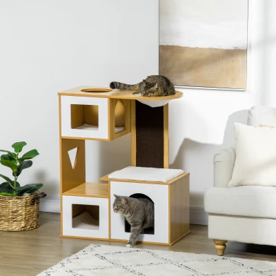 PawHut Casa para Gatos com 3 Casas de Madeira Almofadas Laváveis Placa de Arranhar e Rede 76x37x92,5cm Carvalho