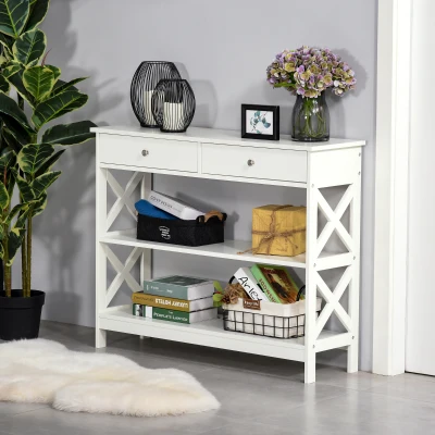 HOMCOM Konsolentisch Beistelltisch mit Schublade und 2-stufigen Ablagefächern MDF-Platte und X-Rahmen Anti-Kipp-Design für Wohnzimmer und Eingangsbereich Weiß 100 x 30,5 x 80 cm