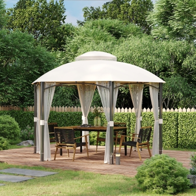 Outsunny Pérgola de Jardim Hexagonal com Teto Duplo de Ventilação 6 Telas Mosquiteiras com Zíper 4x4m Cáqui