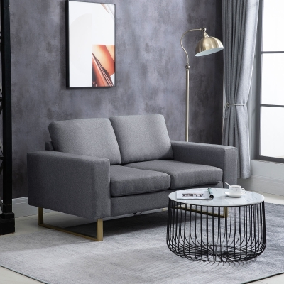 HOMCOM 2 Seater Sofas for Living Room, Fabric Couch, Love Seat with Cushions and Steel Legs, Grey