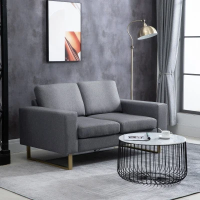 HOMCOM 2 Seater Sofas for Living Room, Fabric Couch, Love Seat with Cushions and Steel Legs, Grey