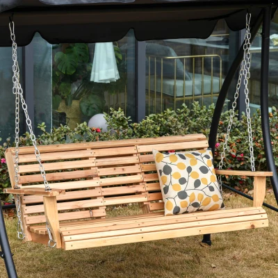 Outsunny Hängebank mit Klapptisch und Becherhaltern Naturholz 150 x 75 x 53cm
