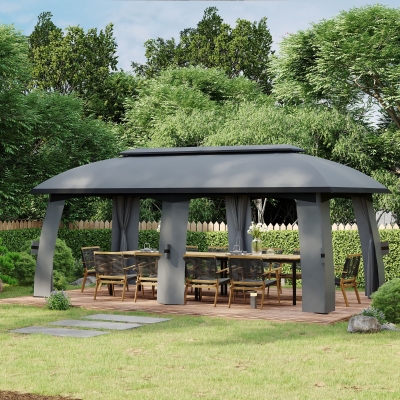 Outsunny Pérgola de Jardim 3x6m com Teto Duplo com 6 Telas Mosquiteiras Zíper e Estrutura de Metal Cinza Escuro