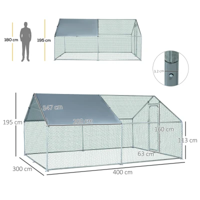 PawHut Galvanized Large Metal Chicken Coop Walk-in Enclosure with Cover 9.8'x13.1'x6.4(m-3)
