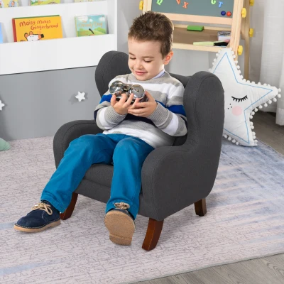 HOMCOM Kindersessel, Minisessel, Kindersofa für 3-6 jahre alt, Holzbeine, Grau, Leinen+Schaumstoff+Gummiholz, 45,5 x 43 x 56 cm