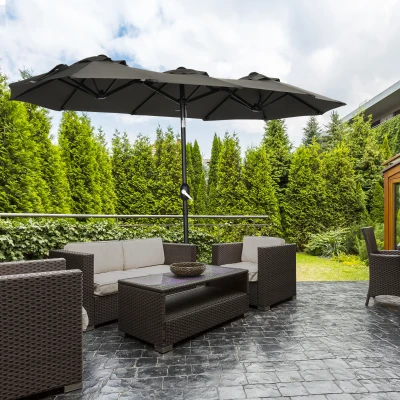 Parasol ogrodowy Outsunny, regulowany kąt nachylenia, z korbką, wiatrołapem, poliester+stal, szary, 285 x 147 cm