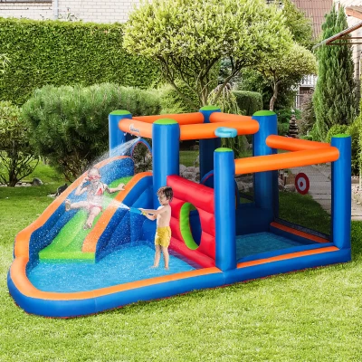 Outsunny springkasteel, met ruches, springkussen, zwembad, opblaasbaar, incl. elektrische pomp, voor maximaal 3 kinderen, 380 x 340 x 170 cm