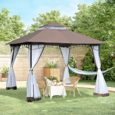 Outsunny Pérgola de Jardim Pérgola com Teto Duplo e Rede Mosquiteira com Zíper 295x295x270 cm Marrom e Branco