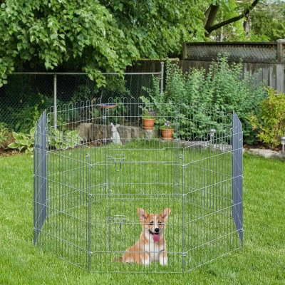 PawHut Parque para Animais de Estimação com 8 Paineis 63x91cm Cerca para Animais de Estimação com Porta com Trava para Jardim Pátio Exterior Prata