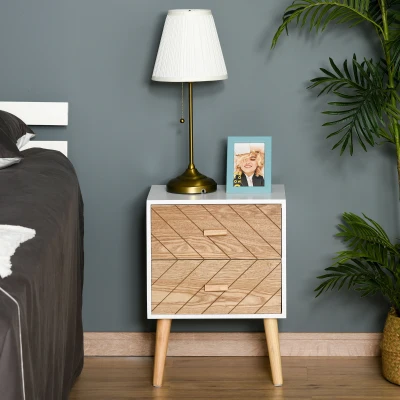HOMCOM Mesa de Cabeceira com 2 Gavetas Espaço de Armazenamento para Dormitório 40x30x55,5 cm Branco e Madeira