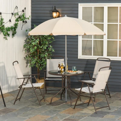 Outsunny Conjunto de Jardim Refeição 6 Peças com 4 Cadeiras Dobráveis Mesa com Bancada de Vidro e Chapéu de Sol Bege
