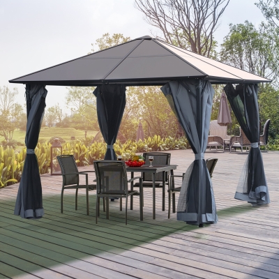 Outsunny Pérgola de jardim 3x3 m com telhado de policarbonato 4 cortinas laterais e 4 redes mosquiteiras com zíper de estrutura metálica Multicolor