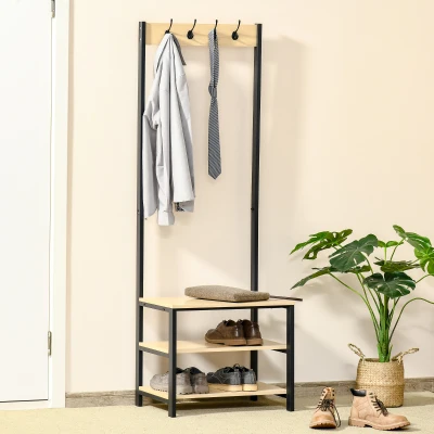 HOMCOM Móvel Cabide de Entrada de Metal com 3 Prateleiras e 4 Ganchos 60x40x175 cm Preto e Madeira