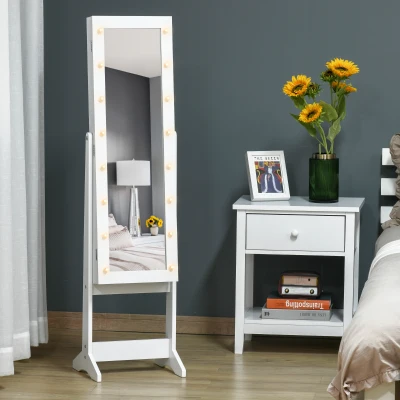 HOMCOM LED Schmuckschrank mit Spiegel Spiegelschrank Standspiegel Schmuckregal Spiegel verstellbar Cremeweiß 136 cm hoch