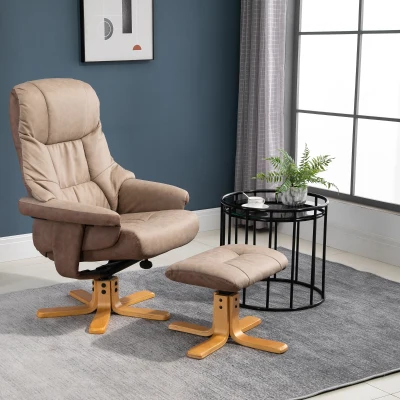HOMCOM Brown Leather Recliner Chair, Fabric with Footstool Swivel Sofa Duo Vintage w/ Wood Base Home Micro Fiber