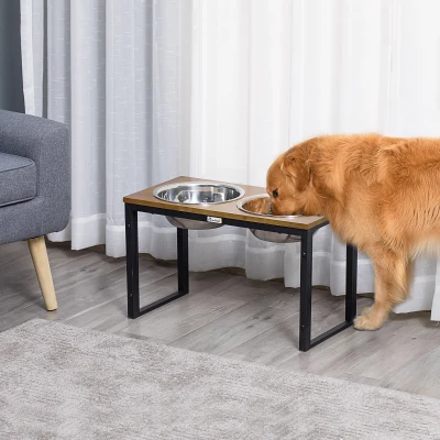 PawHut Elevated Dog Bowls with Stand, Raised Dog Feeder for Large Medium Dogs, Oak