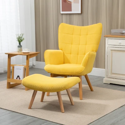 HOMCOM Modern Accent Chair with Ottoman, Living Room Chairs with Steel Frame, Wooden Legs for Living Room, Study, Bedroom and Home Office, Yellow