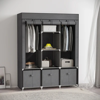 HOMCOM Fabric Wardrobe for Bedroom, Portable Wardrobe with 5 Shelves, 2 Hanging Rails and 3 Fabric Drawers, Foldable Closet, 125 x 43 x 162.5cm, Dark Grey