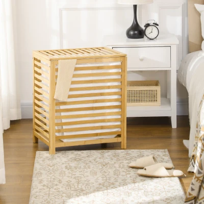 HOMCOM Wasmand van bamboe, uitneembare waszak, waterafstotend, naturel + beige