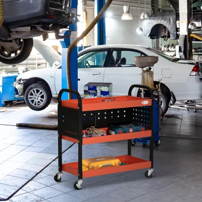 DURHAND gereedschapswagen met 3 schappen, transportwagen met haak voor garage, rood