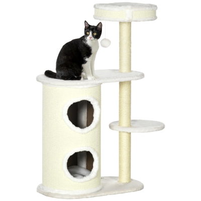 PawHut Krabpaal met Krabton, 1 Kattenbed en Kattenspeelgoed, 59 cm x 35 cm x 100 cm, Crème wit